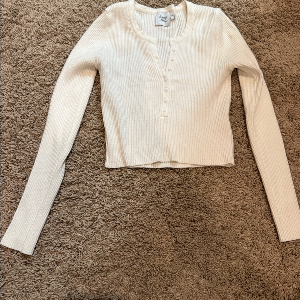 Women's Cream Ribbed Long Sleeve Top